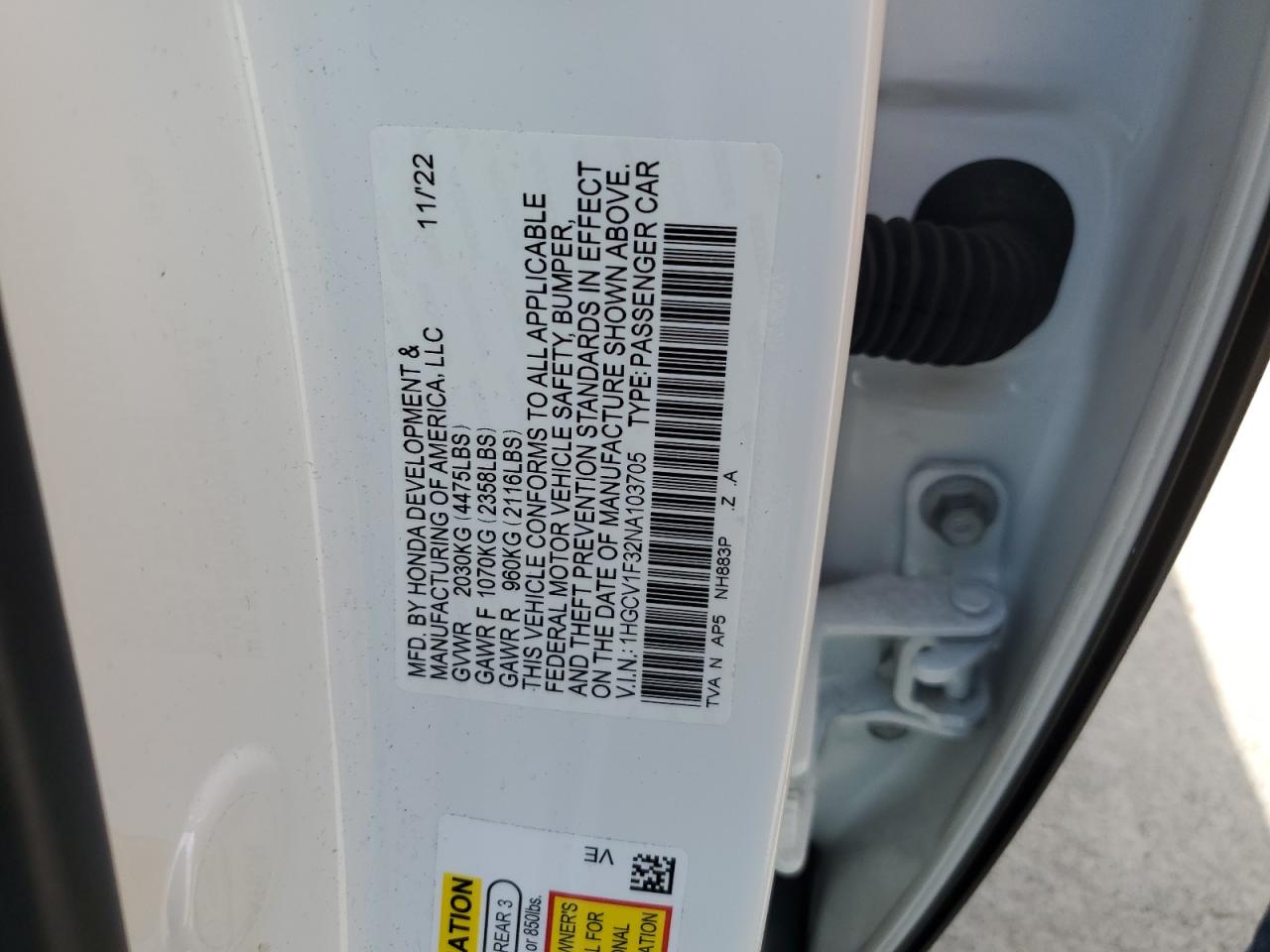2022 HONDA ACCORD SPORT VIN:1HGCV1F32NA103705