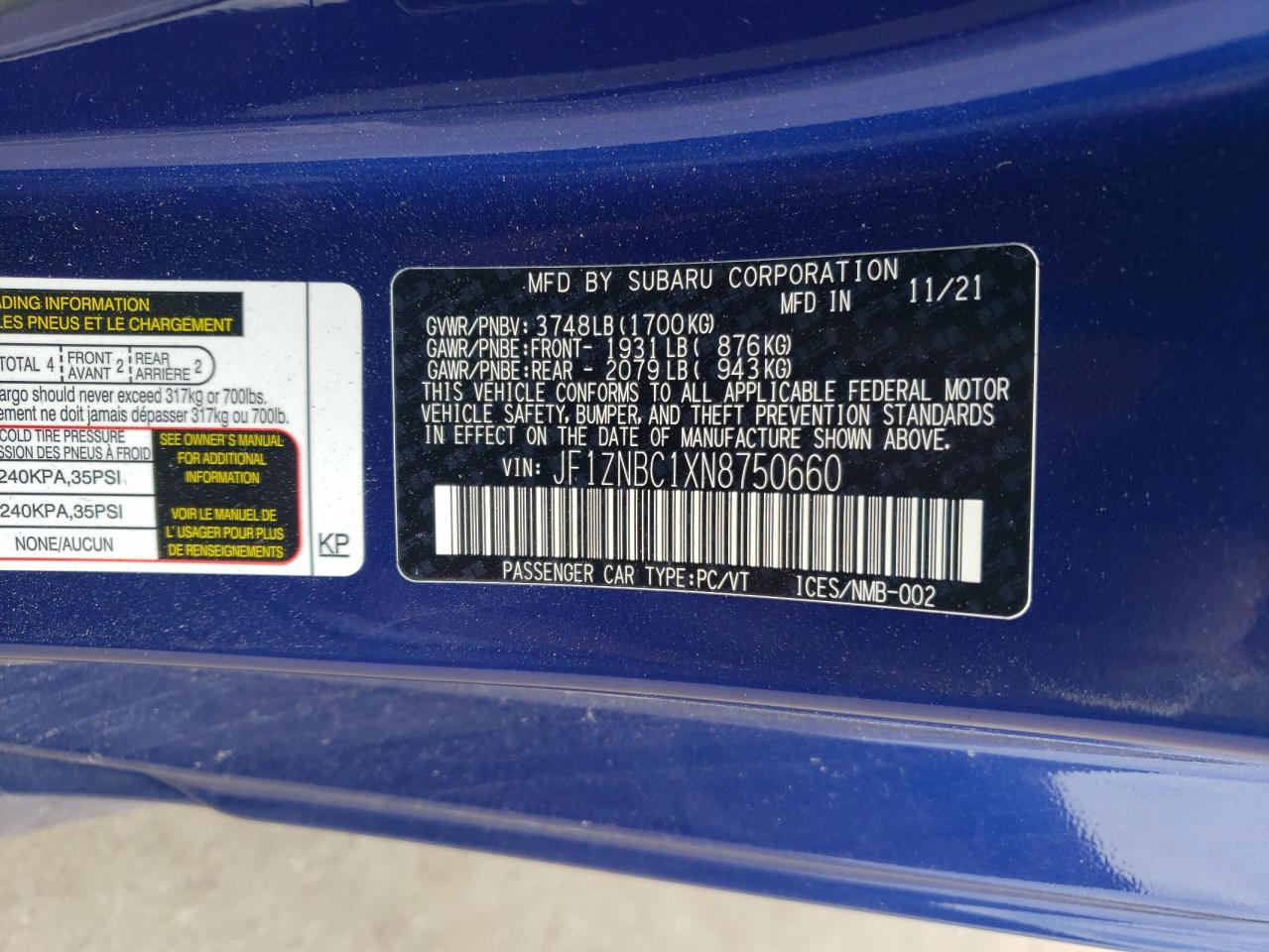 2022 TOYOTA GR 86 VIN:JF1ZNBC1XN8750660