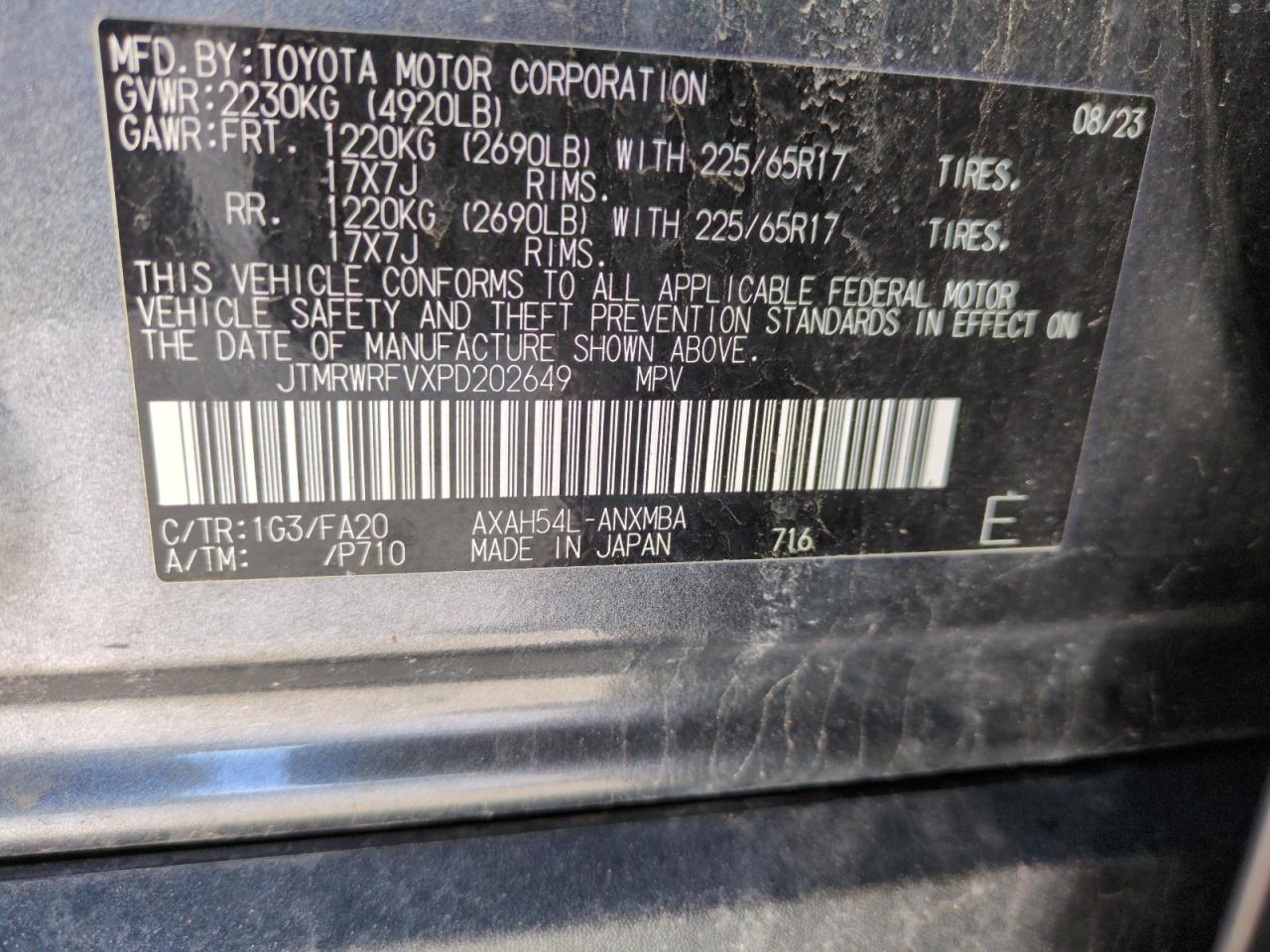 2023 TOYOTA RAV4 XLE VIN:JTMRWRFVXPD202649