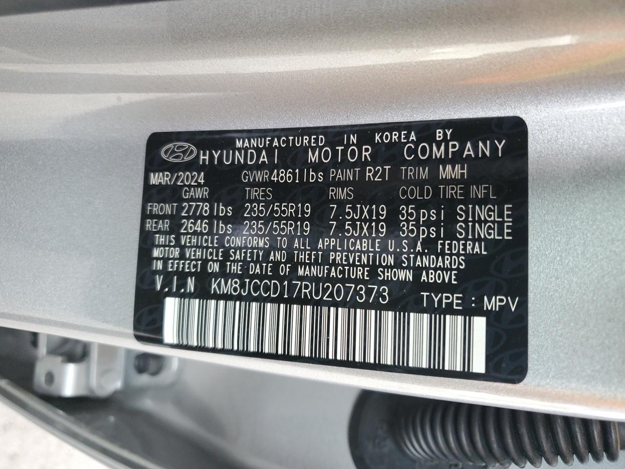 2024 HYUNDAI TUCSON SEL CONVENIENCE VIN:KM8JCCD17RU207373