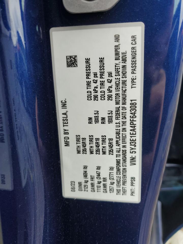2023 TESLA MODEL 3 VIN:5YJ3E1EA4PF643081