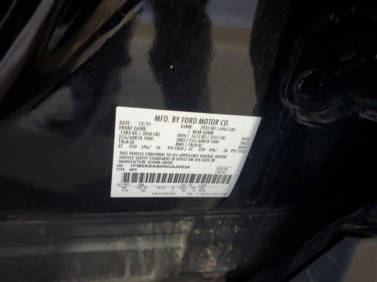 2022 FORD EXPLORER POLICE INTERCEPTOR VIN:1FM5K8AB6NGA26854