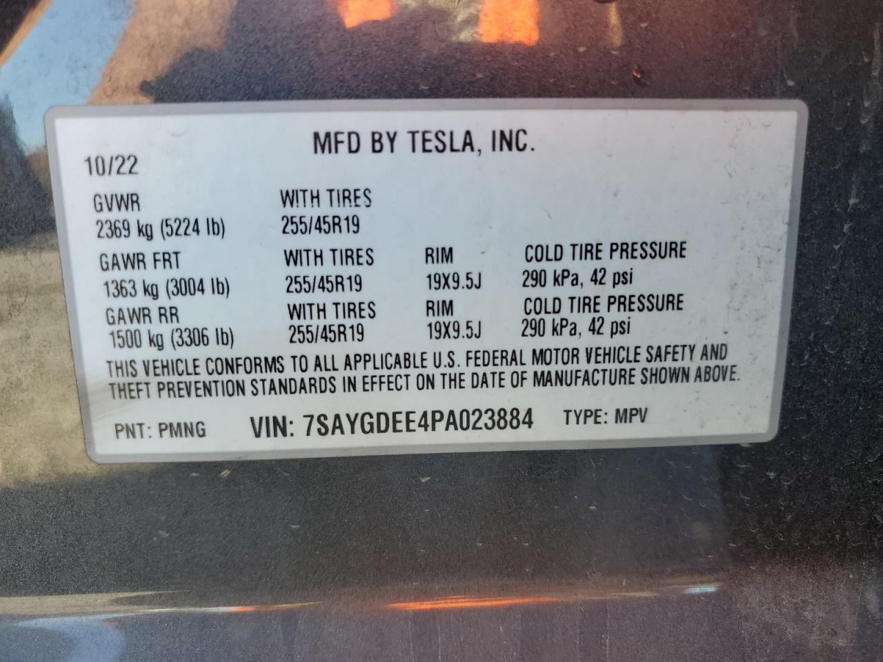 2023 TESLA MODEL Y VIN:7SAYGDEE4PA023884