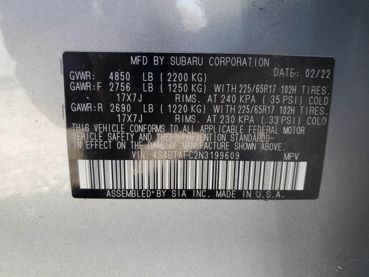 2022 SUBARU OUTBACK PREMIUM VIN:4S4BTAFC2N3199609