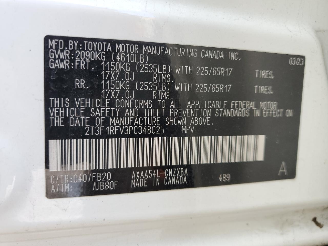 2023 TOYOTA RAV4 LE VIN:2T3F1RFV3PC348025
