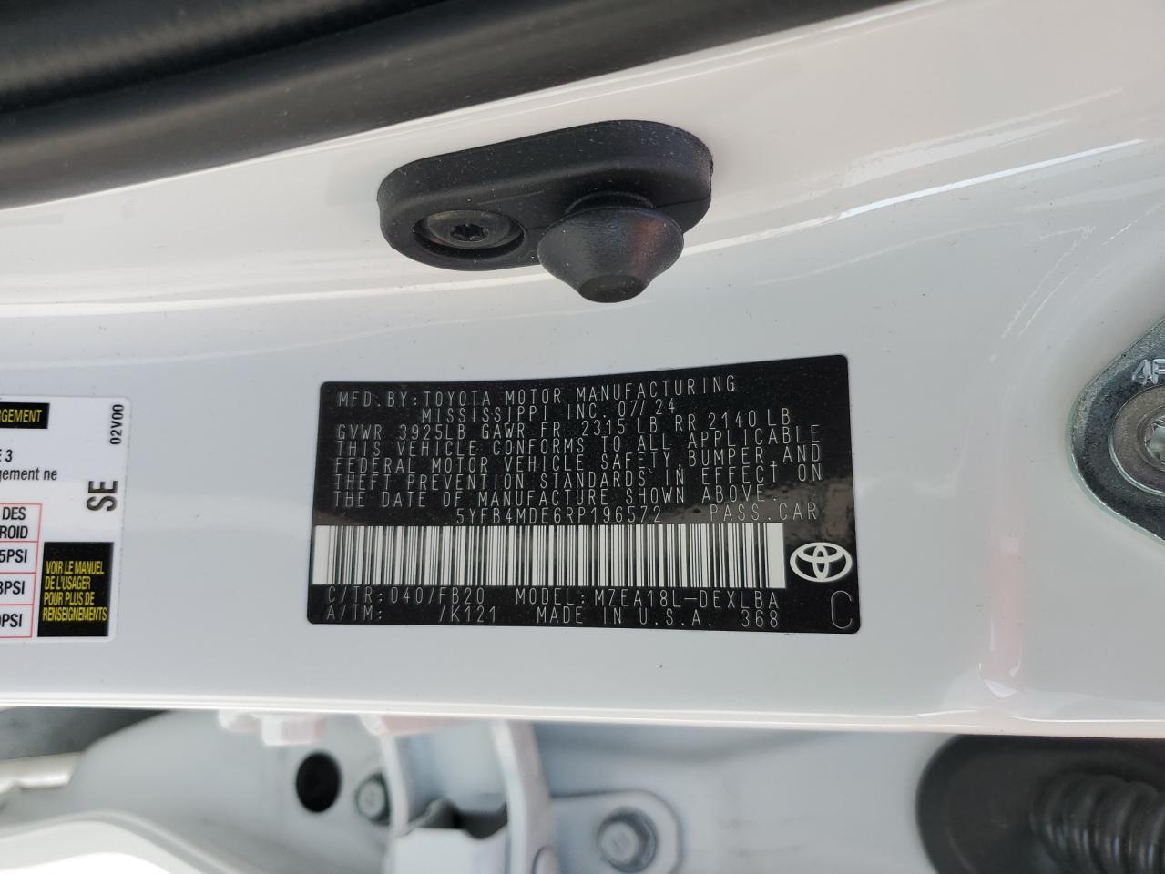 2024 TOYOTA COROLLA LE VIN:5YFB4MDE6RP196572