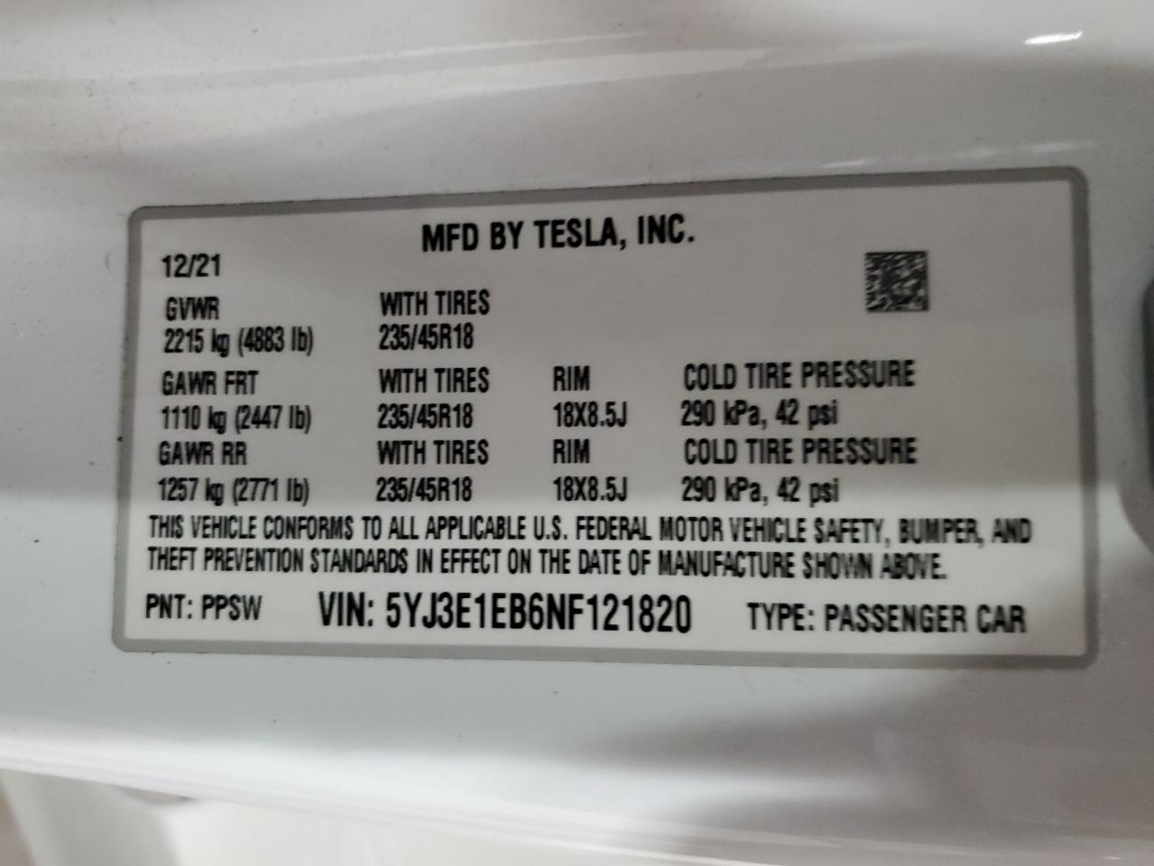 2022 TESLA MODEL 3 VIN:5YJ3E1EB6NF121820