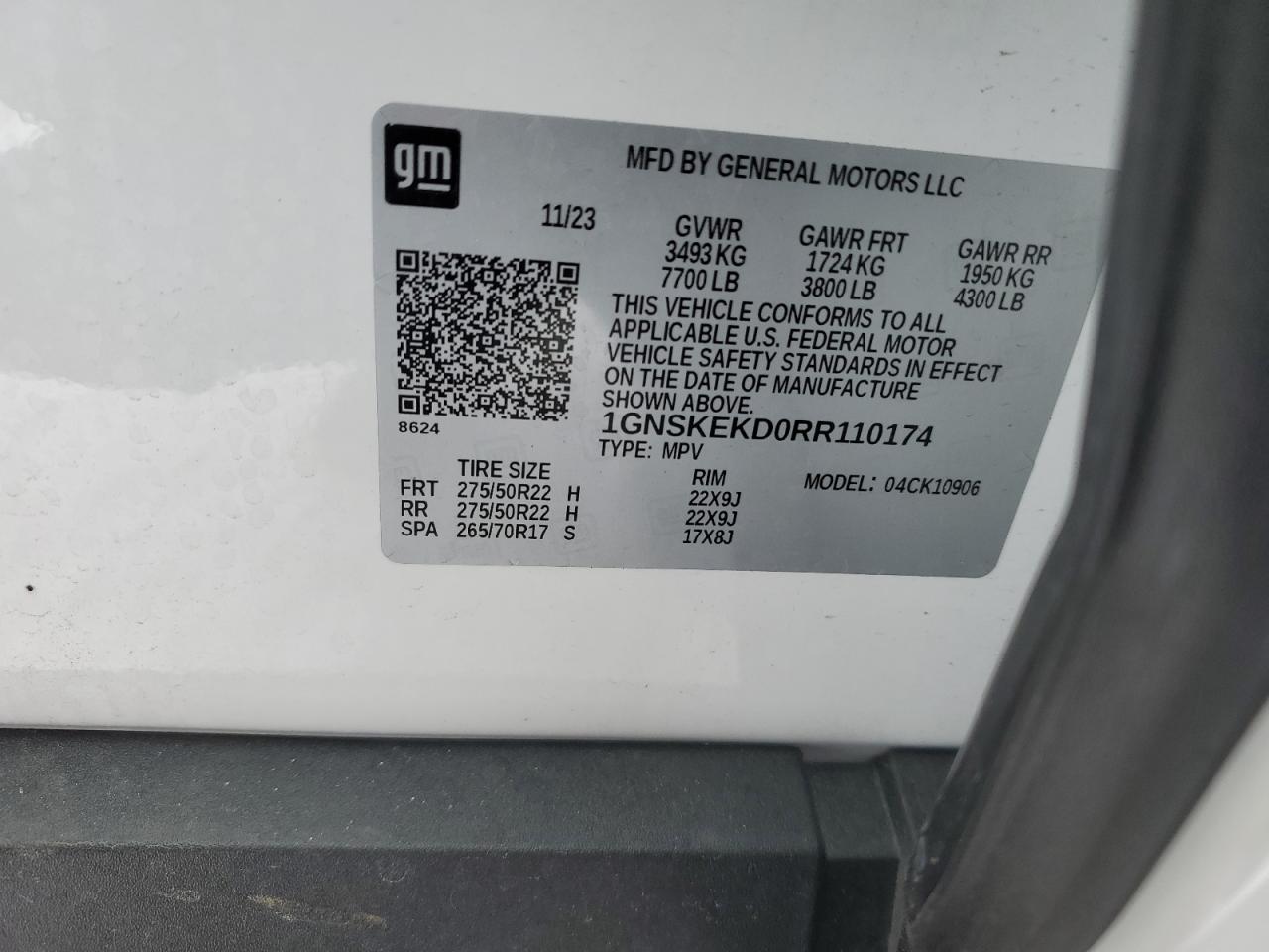 2024 CHEVROLET SUBURBAN K1500 RST VIN:1GNSKEKD0RR110174