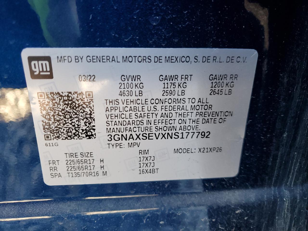 2022 CHEVROLET EQUINOX LS VIN:3GNAXSEVXNS177792