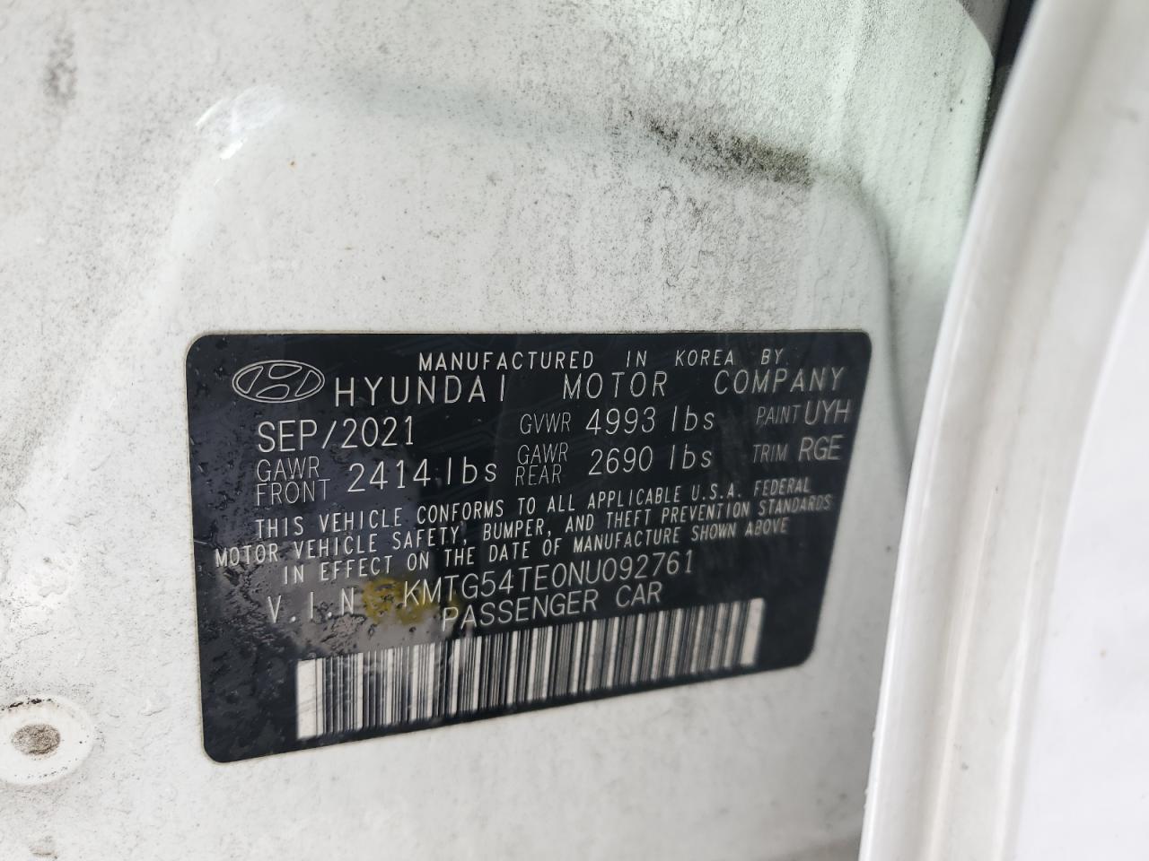 2022 GENESIS G70 BASE VIN:KMTG54TE0NU092761