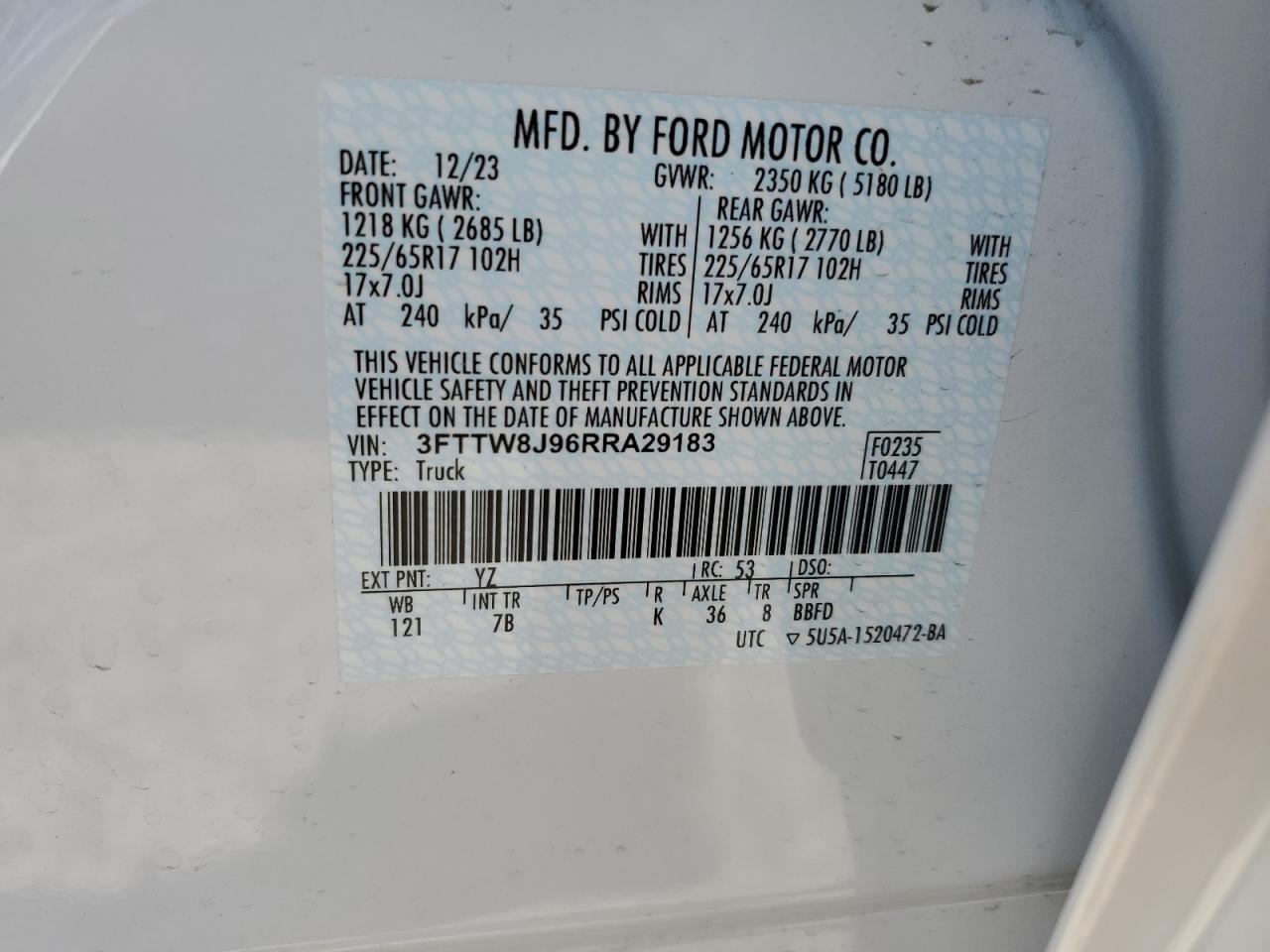 2024 FORD MAVERICK XLT VIN:3FTTW8J96RRA29183