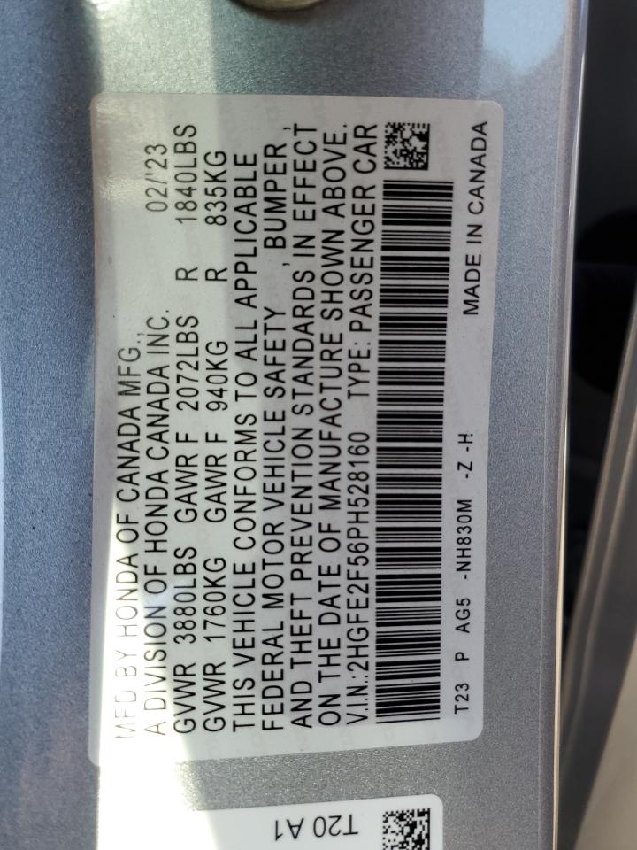 2023 HONDA CIVIC SPORT VIN:2HGFE2F56PH528160