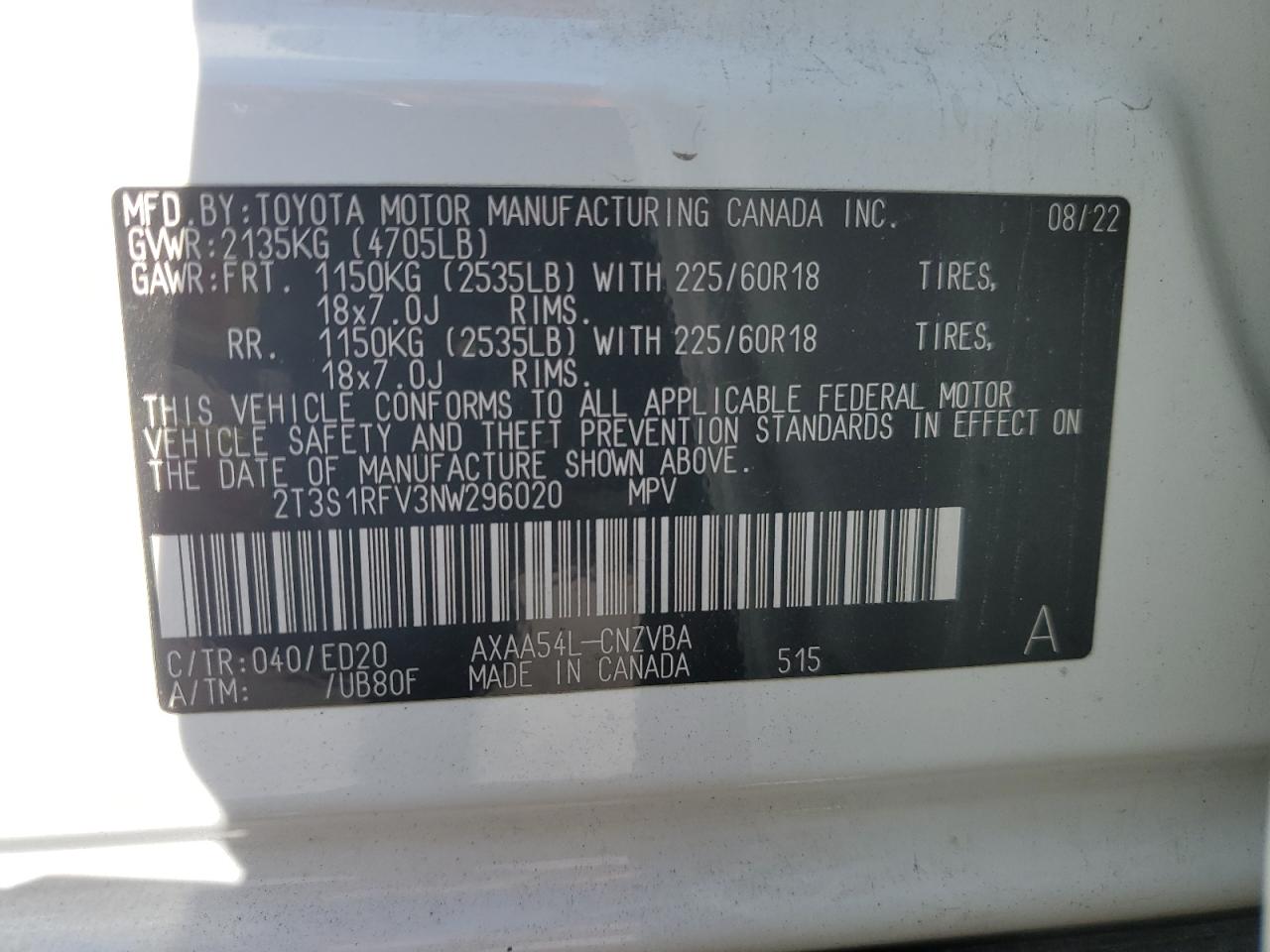2022 TOYOTA RAV4 TRD OFF ROAD VIN:2T3S1RFV3NW296020