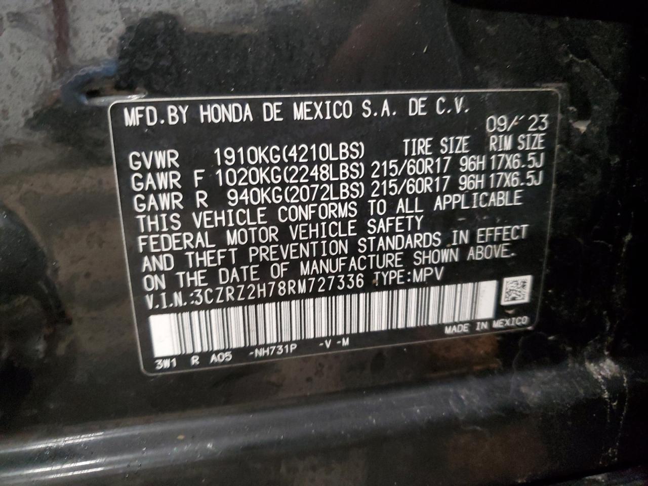 2024 HONDA HR-V EXL VIN:3CZRZ2H78RM727336