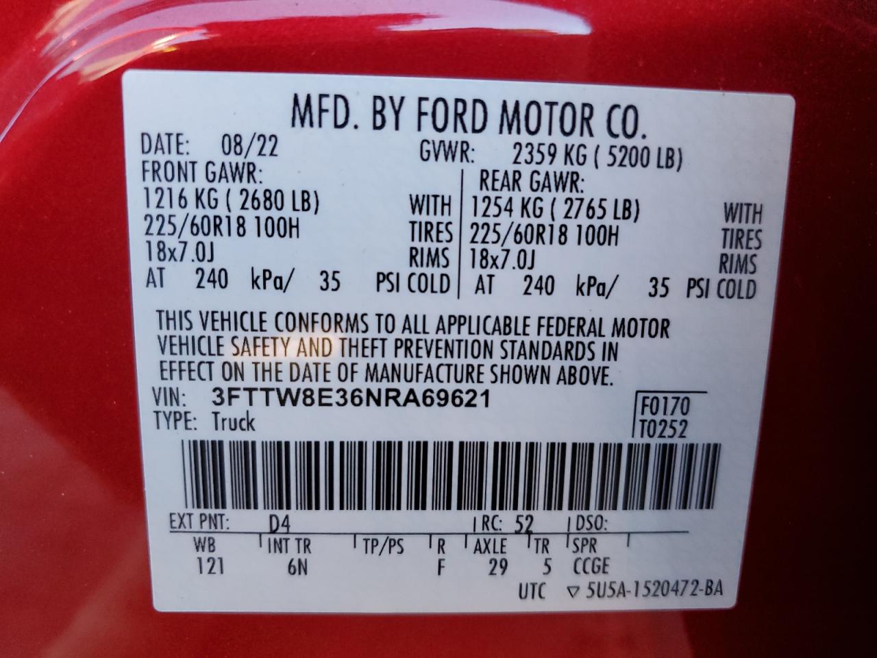 2022 FORD MAVERICK XL VIN:3FTTW8E36NRA69621