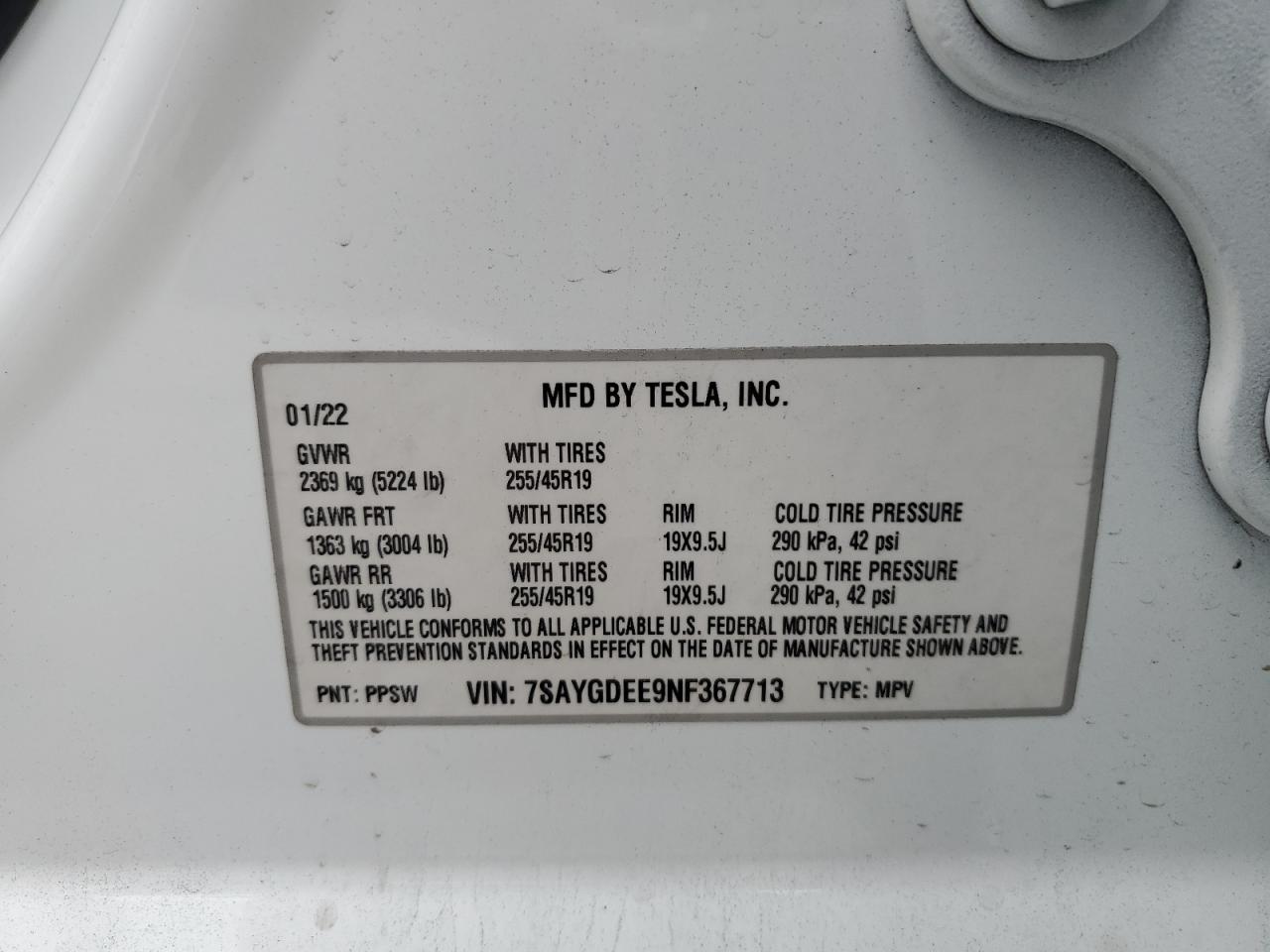2022 TESLA MODEL Y VIN:7SAYGDEE9NF367713