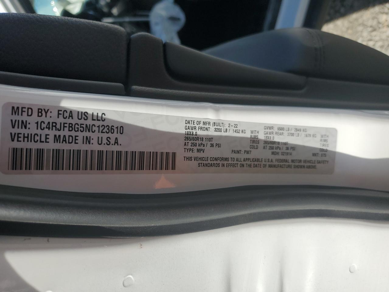 2022 JEEP GRAND CHEROKEE LIMITED VIN:1C4RJFBG5NC123610