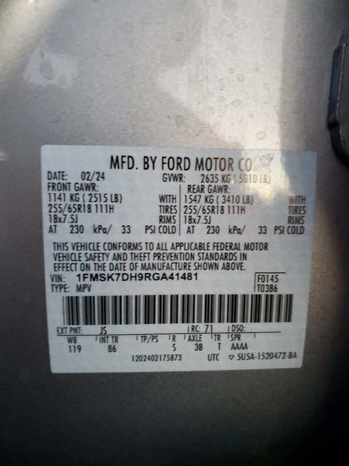 2024 FORD EXPLORER XLT VIN:1FMSK7DH9RGA41481
