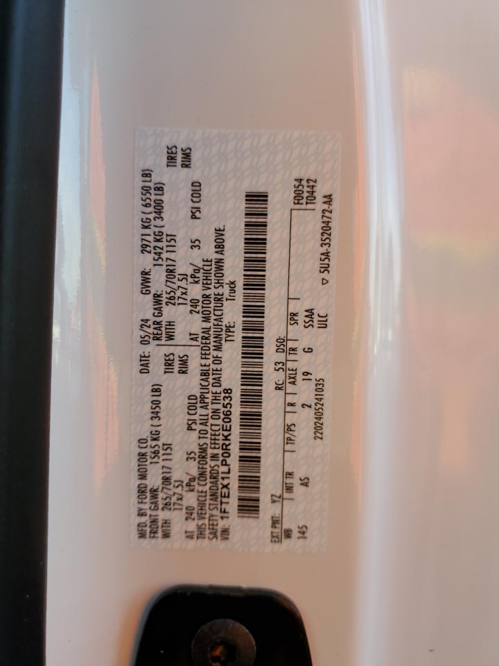 2024 FORD F150 XL VIN:1FTEX1LP0RKE06538