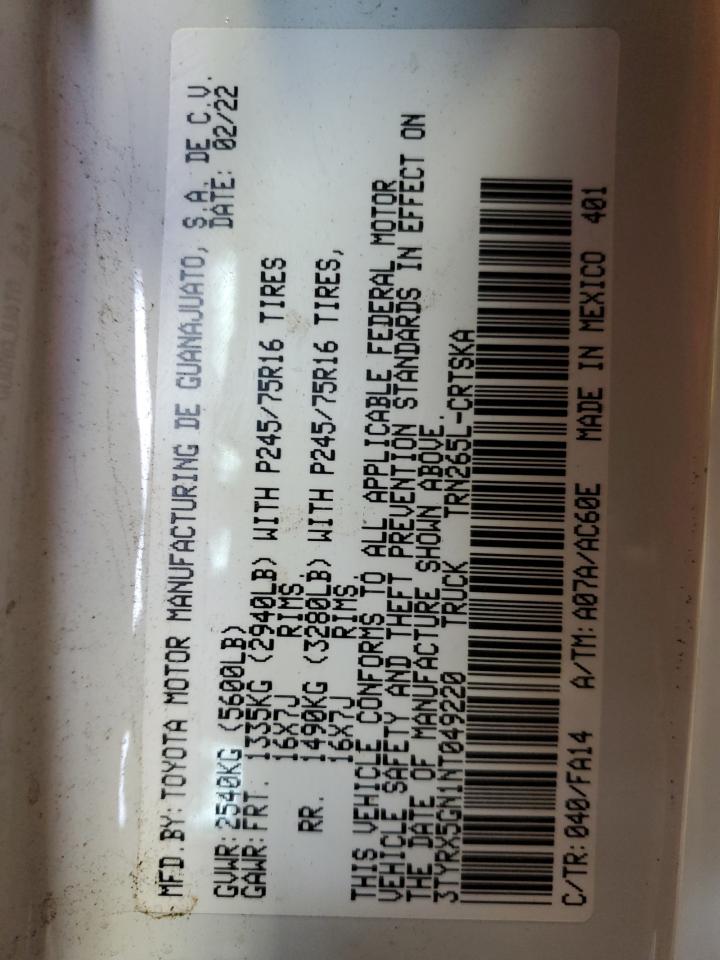 2022 TOYOTA TACOMA ACCESS CAB VIN:3TYRX5GN1NT49220