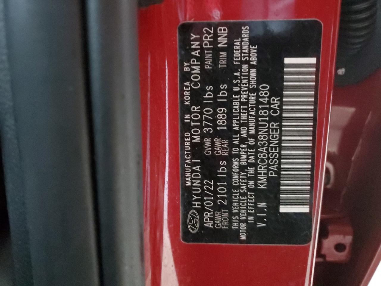 2022 HYUNDAI VENUE SEL VIN:KMHRC8A38NU181480