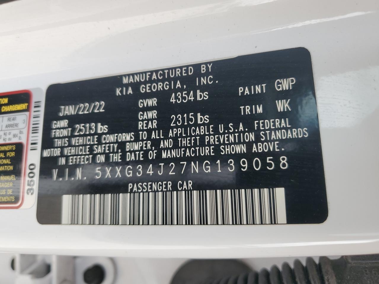 2022 KIA K5 EX VIN:5XXG34J27NG139058