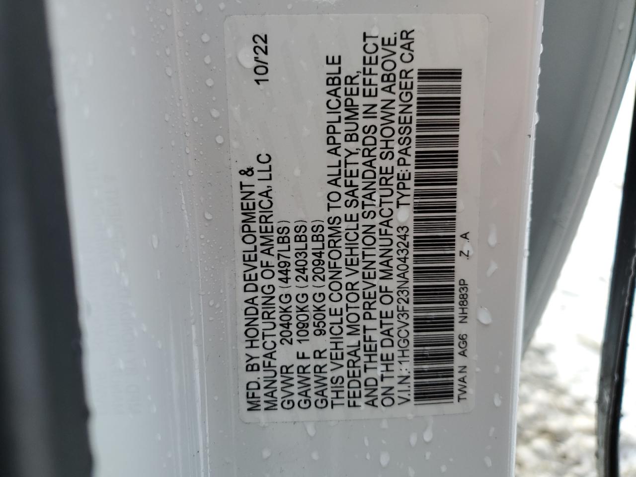 2022 HONDA ACCORD HYBRID SPORT VIN:1HGCV3F23NA043243