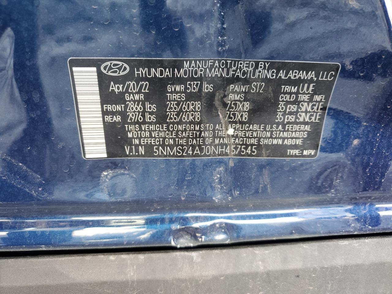 2022 HYUNDAI SANTA FE SEL VIN:5NMS24AJ0NH457545