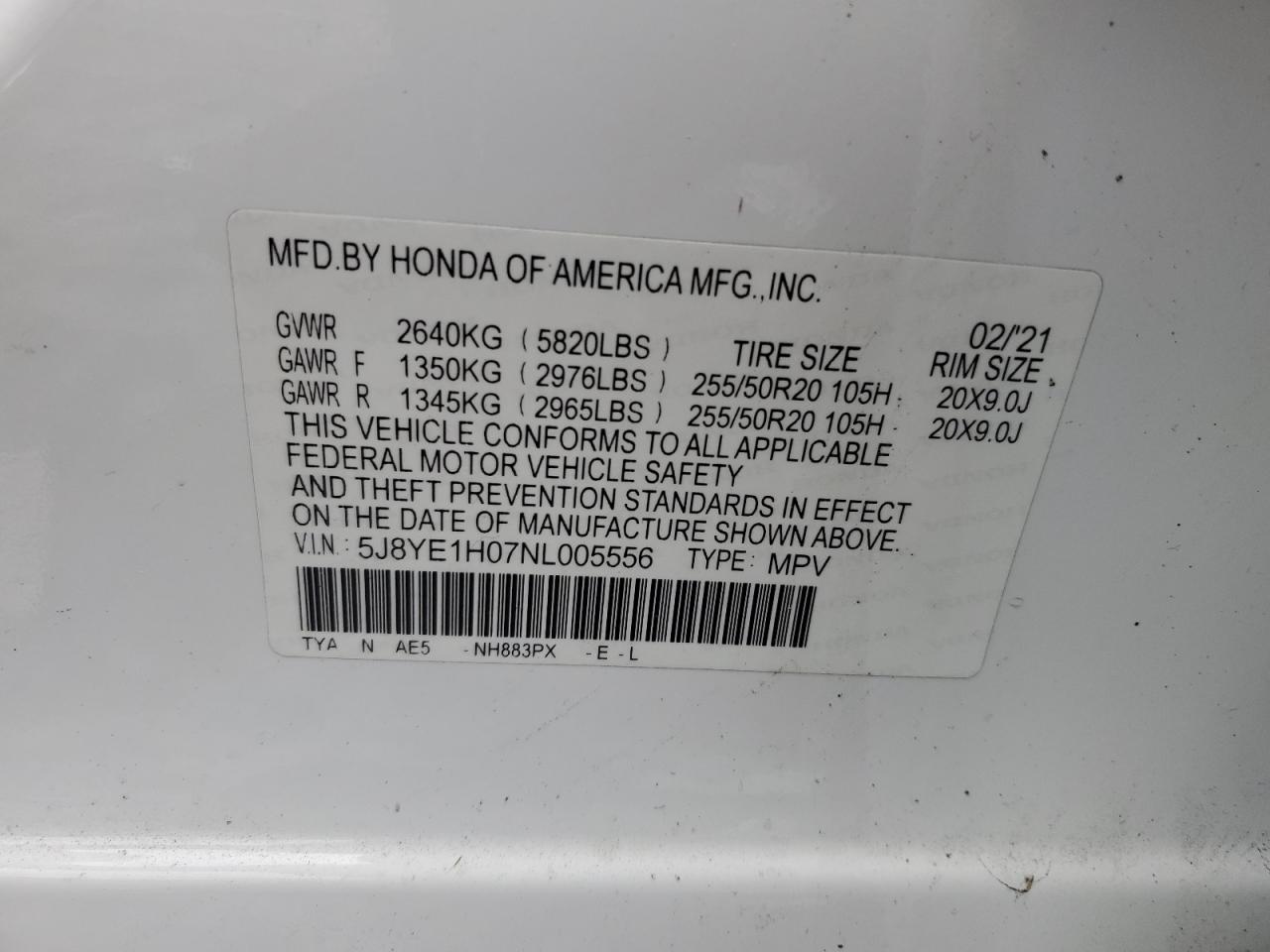 2022 ACURA MDX A-SPEC VIN:5J8YE1H07NL005556