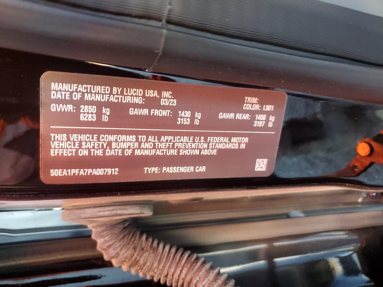2023 LUCID MOTORS AIR PURE VIN:50EA1PFA7PA007912