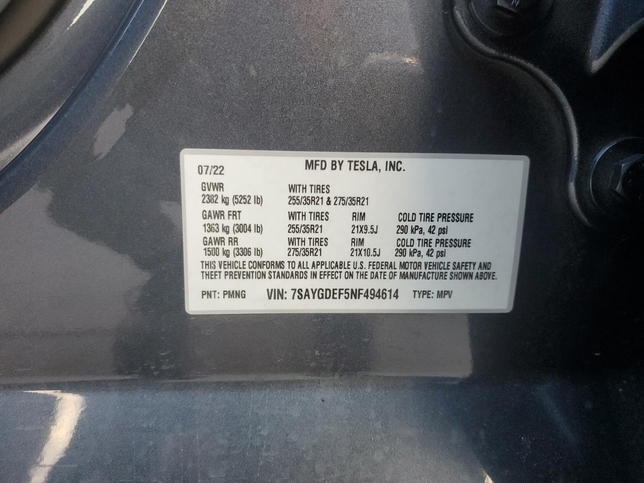 2022 TESLA MODEL Y VIN:7SAYGDEF5NF494614