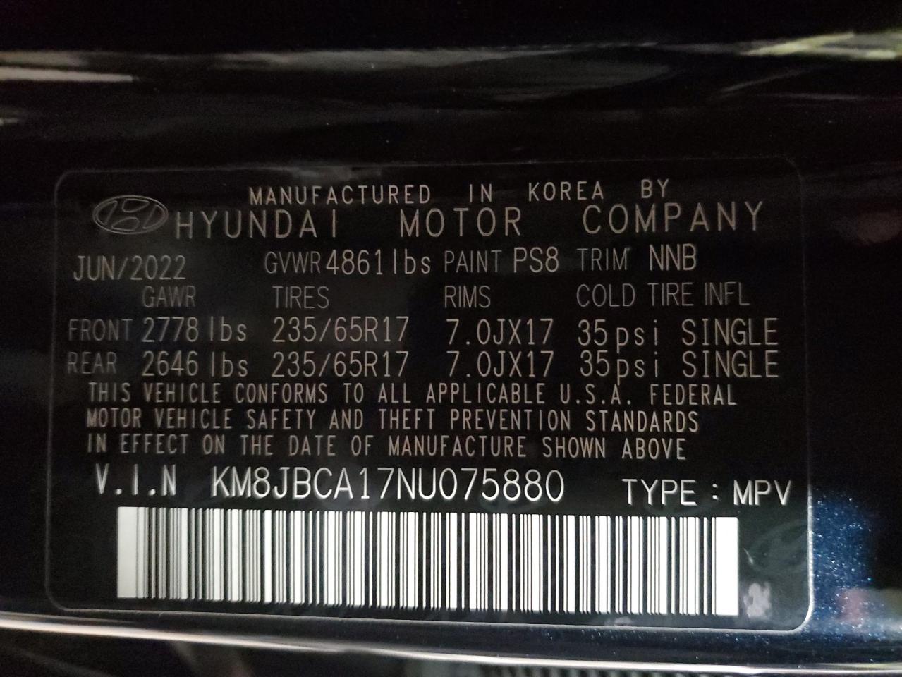 2022 HYUNDAI TUCSON BLUE VIN:KM8JBCA17NU075880