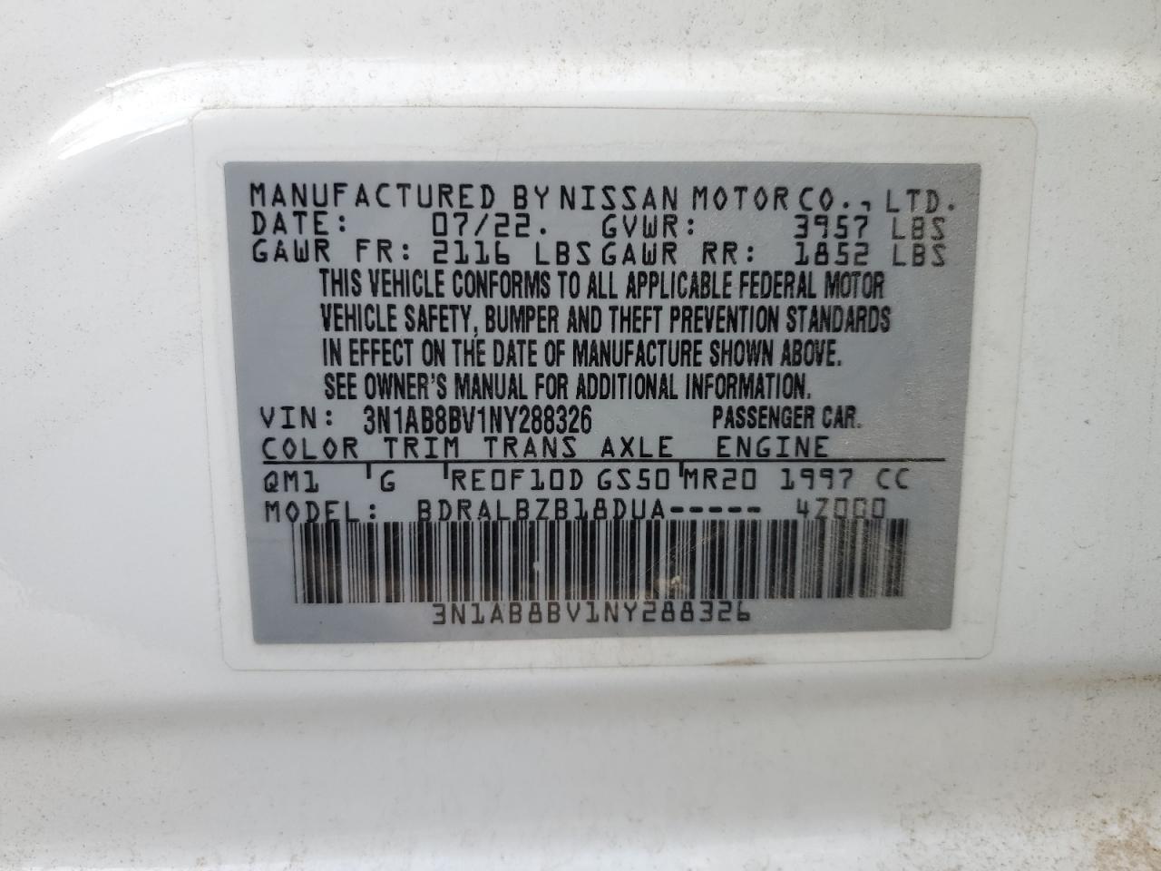 2022 NISSAN SENTRA S VIN:3N1AB8BV1NY288326