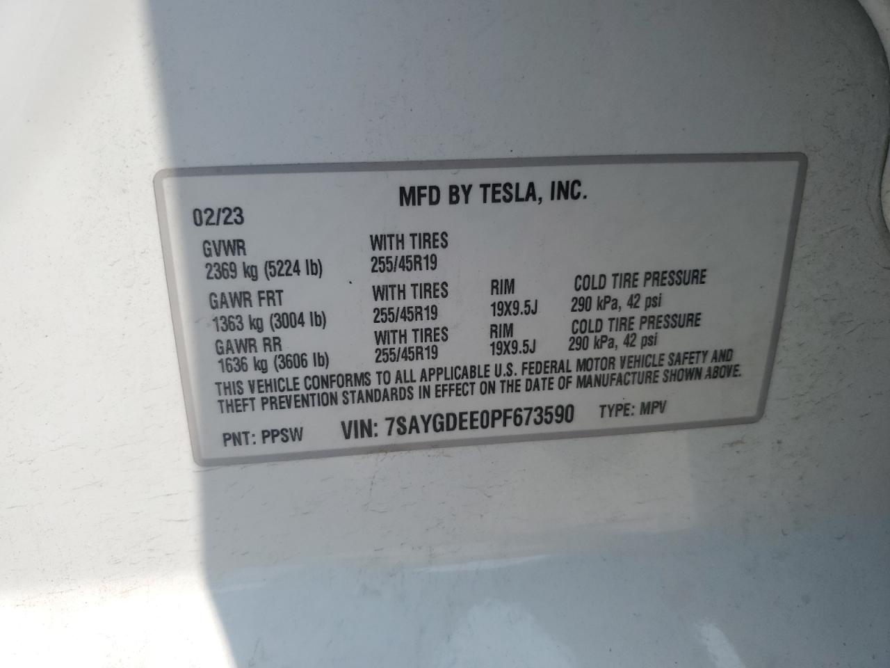 2023 TESLA MODEL Y VIN:7SAYGDEE0PF673590