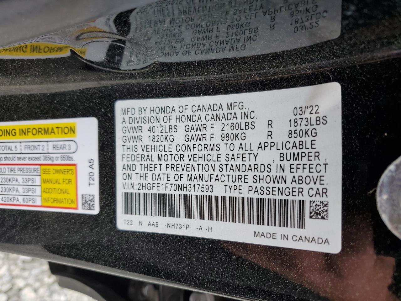 2022 HONDA CIVIC EX VIN:2HGFE1F70NH317593