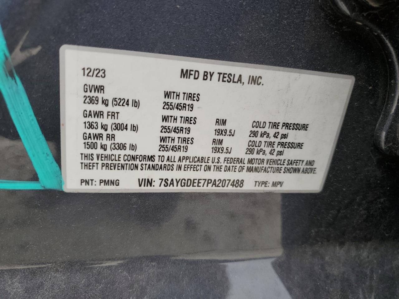 2023 TESLA MODEL Y VIN:7SAYGDEE7PA207488