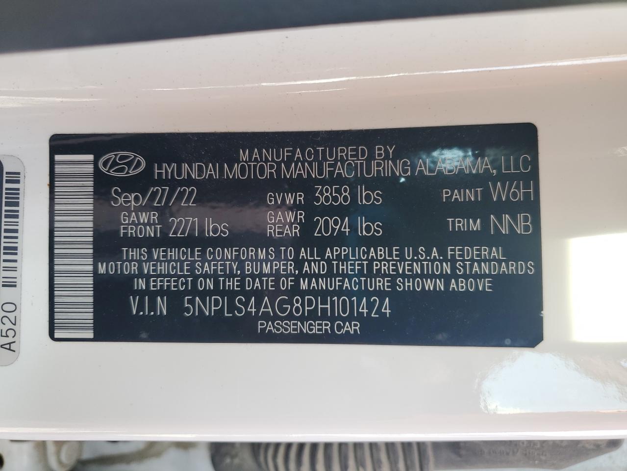2023 HYUNDAI ELANTRA SEL VIN:5NPLS4AG8PH101424