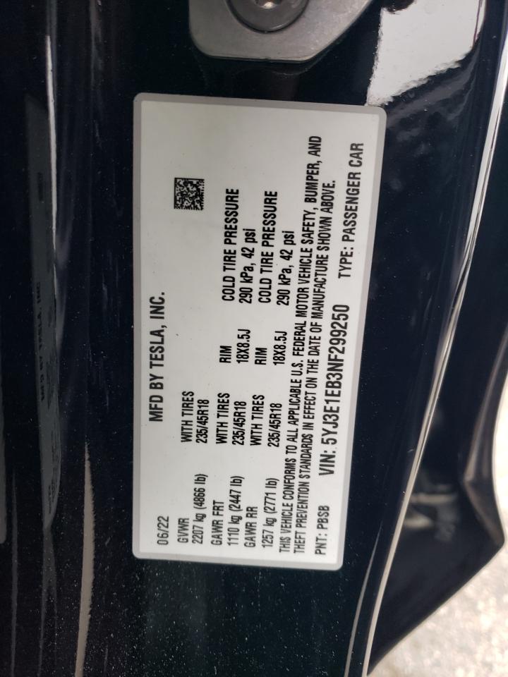 2022 TESLA MODEL 3 VIN:5YJ3E1EB3NF299250