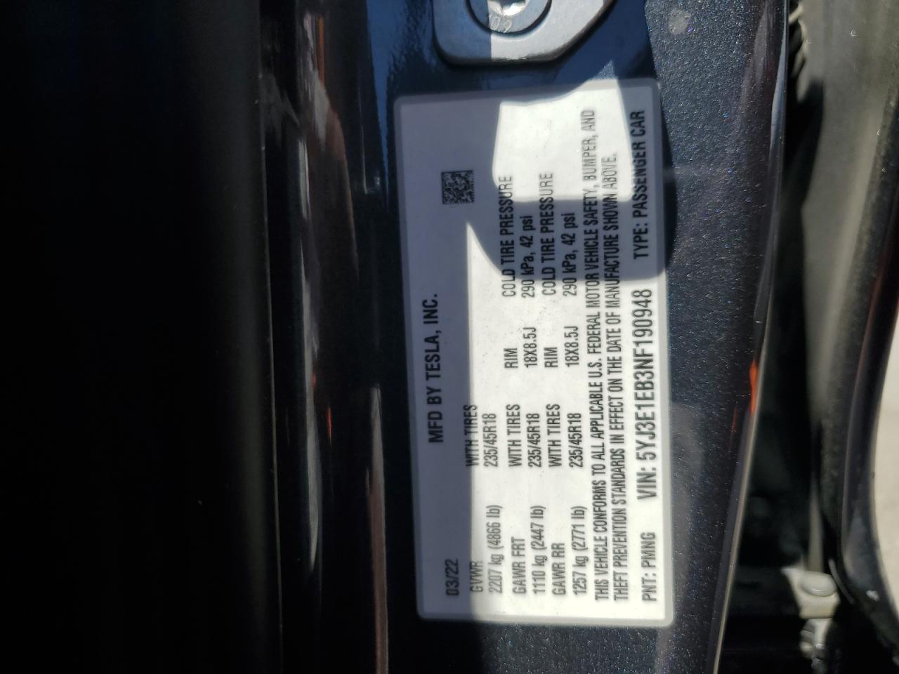 2022 TESLA MODEL 3 VIN:5YJ3E1EB3NF190948