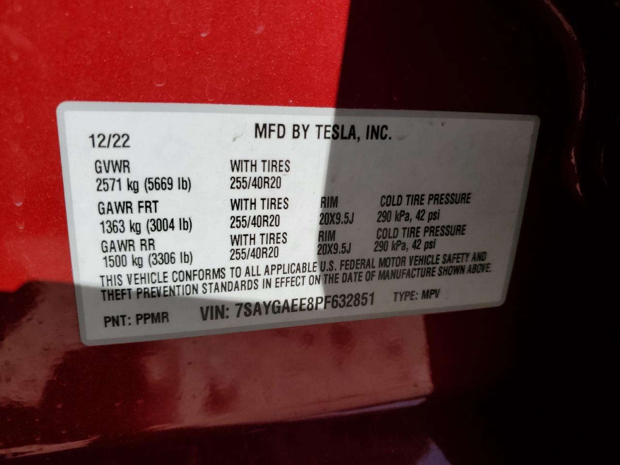 2023 TESLA MODEL Y VIN:7SAYGAEE8PF632851
