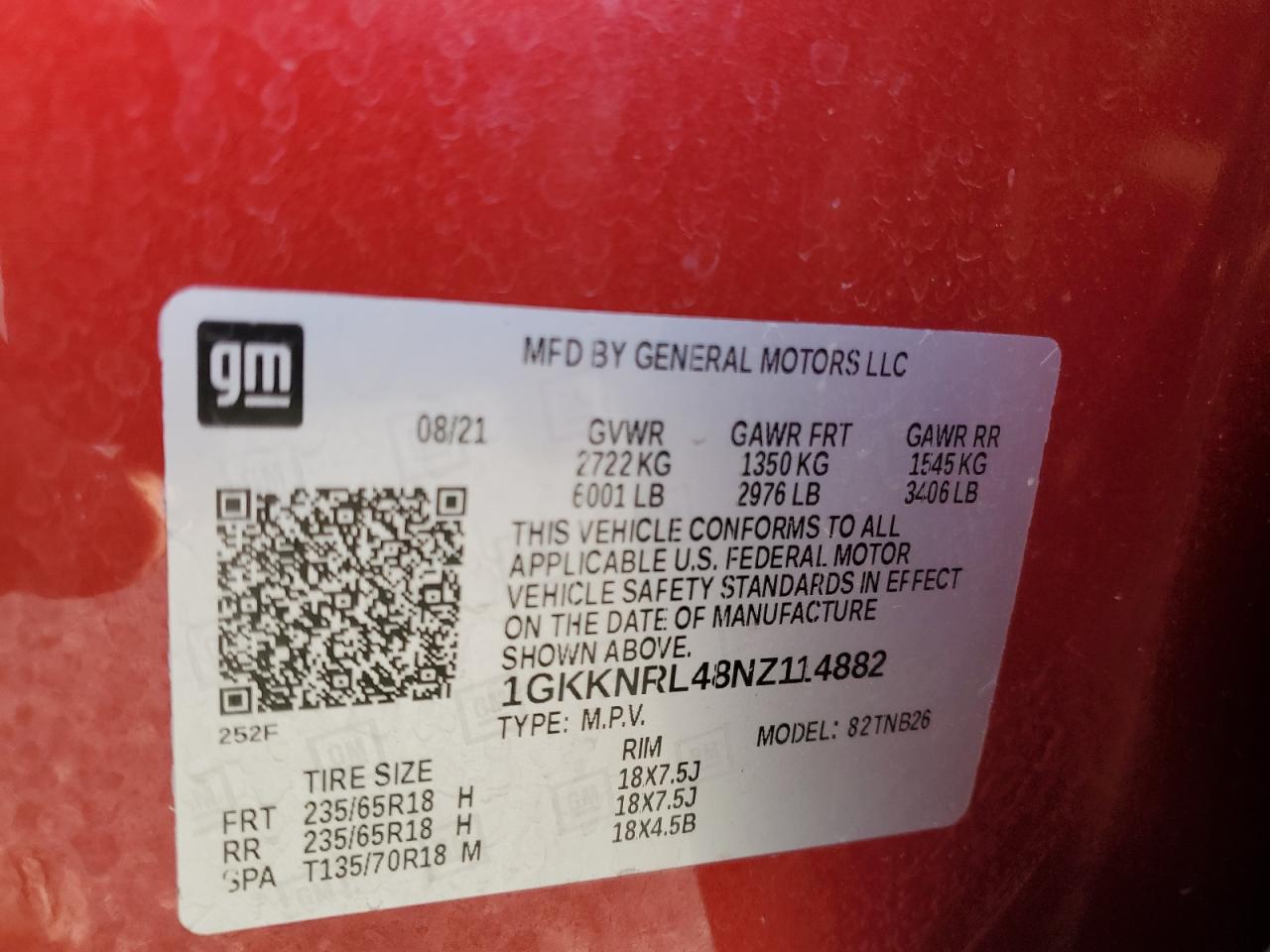 2022 GMC ACADIA SLE VIN:1GKKNRL48NZ114882