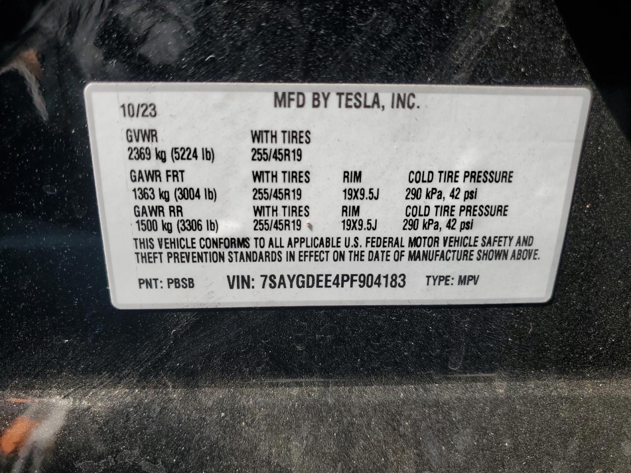 2023 TESLA MODEL Y VIN:7SAYGDEE4PF904183