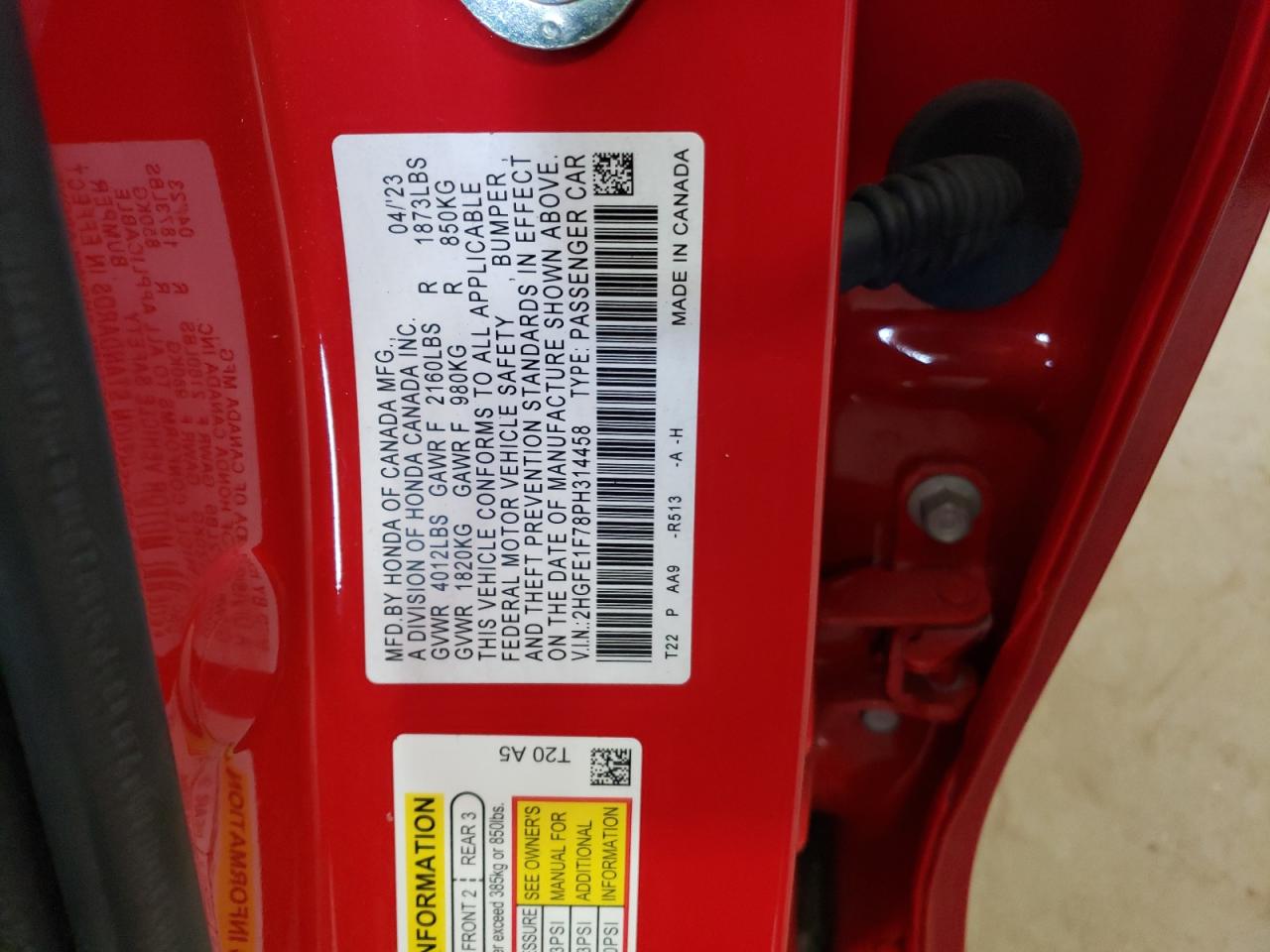 2023 HONDA CIVIC EX VIN:2HGFE1F78PH314458