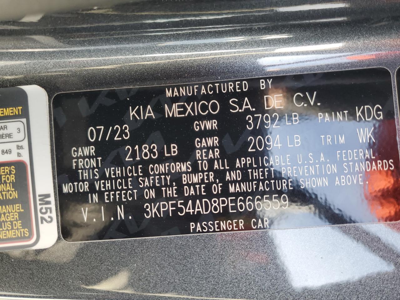 2023 KIA FORTE GT LINE VIN:3KPF54AD8PE666559