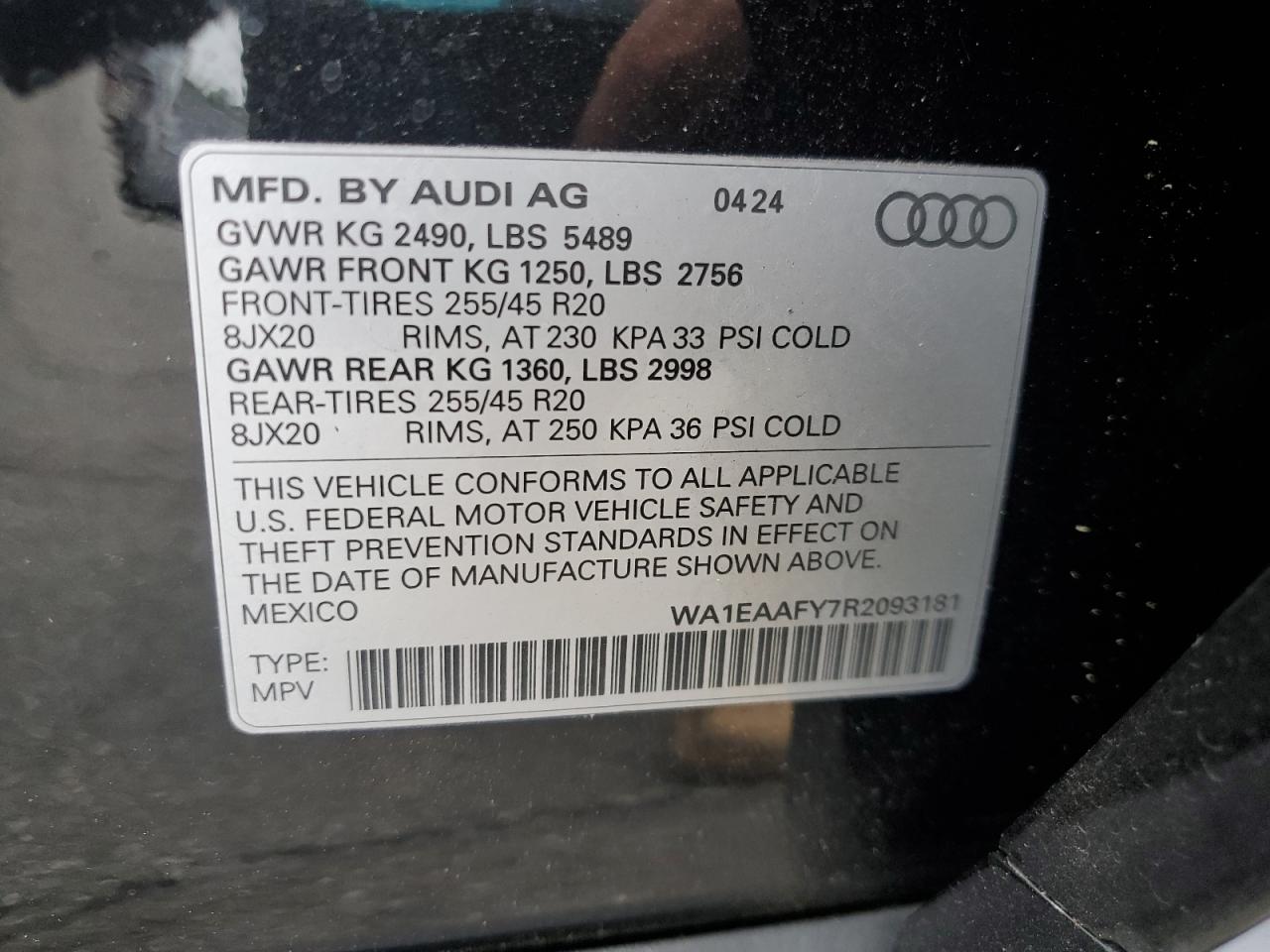 2024 AUDI Q5 PREMIUM PLUS 45 VIN:WA1EAAFY7R2093181