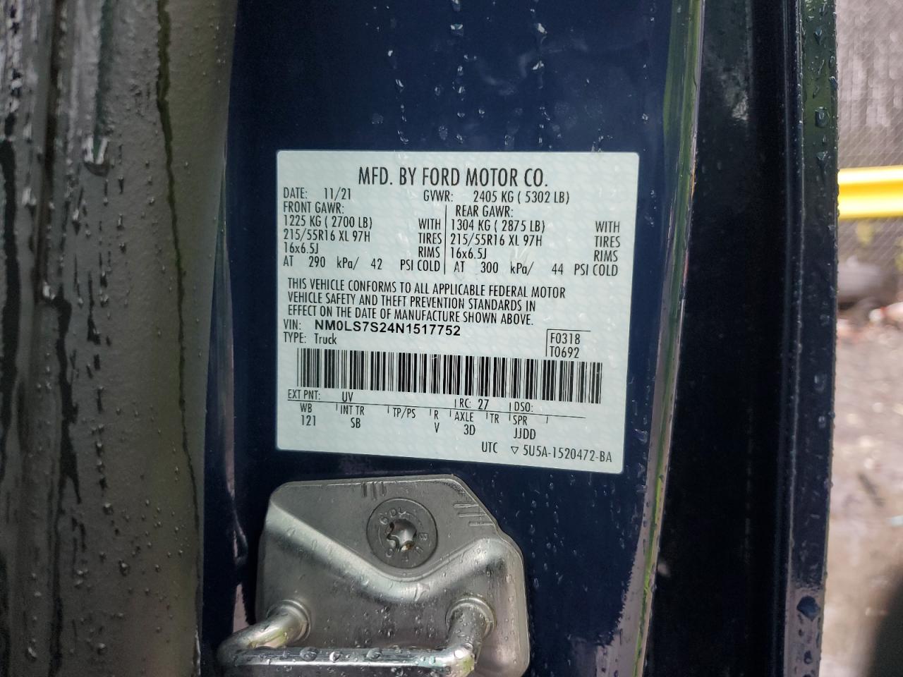 2022 FORD TRANSIT CONNECT XL VIN:NM0LS7S24N1517752