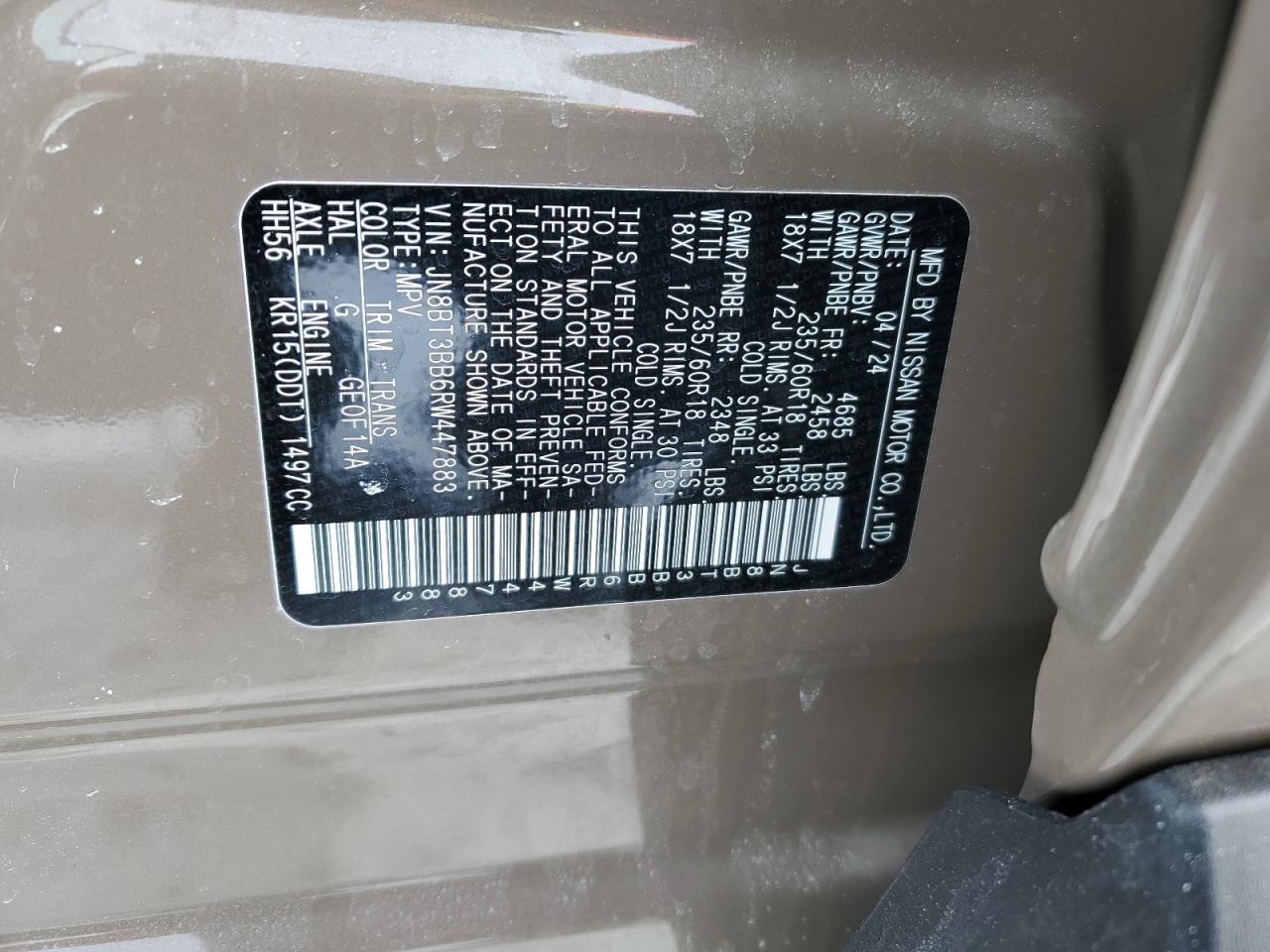 2024 NISSAN ROGUE SV VIN:JN8BT3BB6RW447883