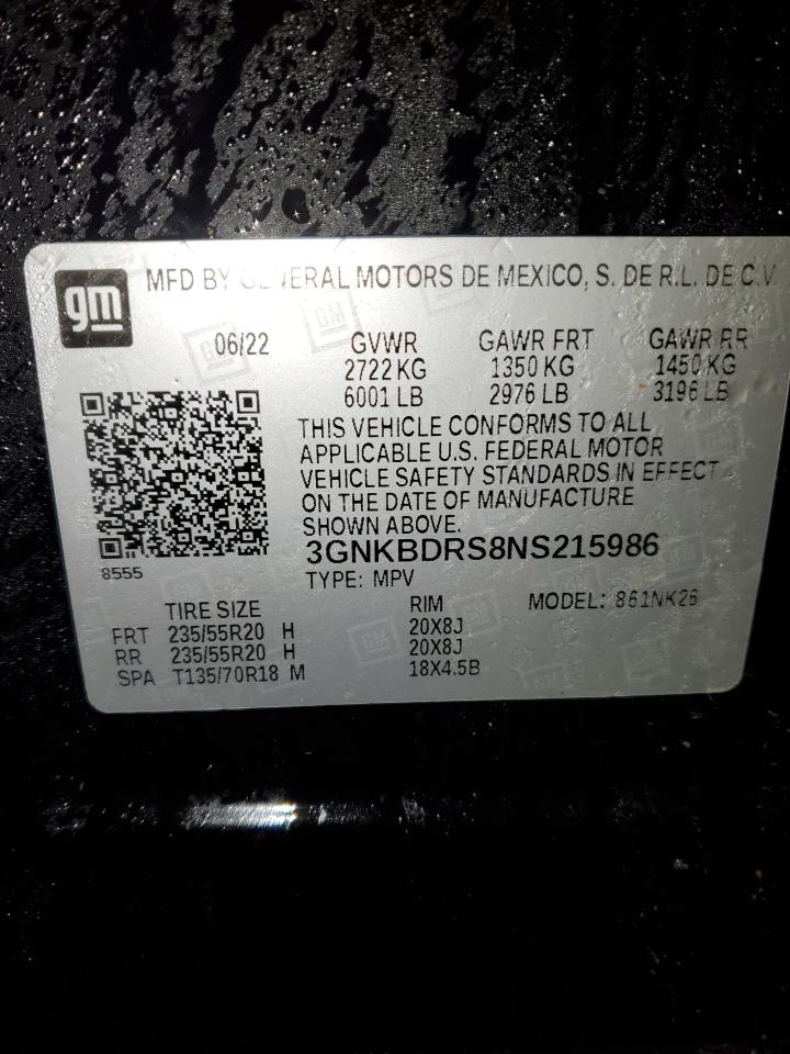 2022 CHEVROLET BLAZER 3LT VIN:3GNKBDRS8NS215986