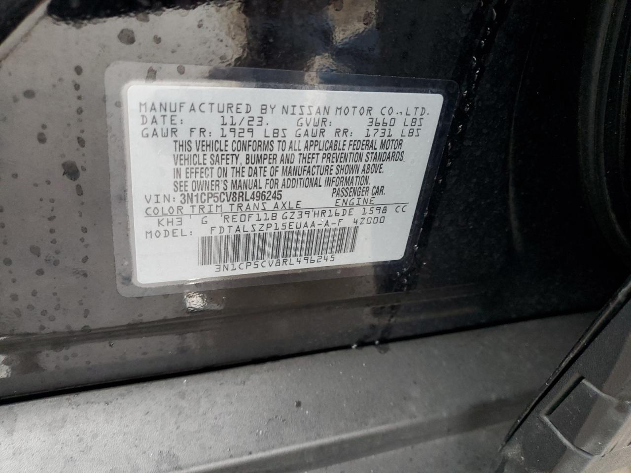 2024 NISSAN KICKS SV VIN:3N1CP5CV8RL496245