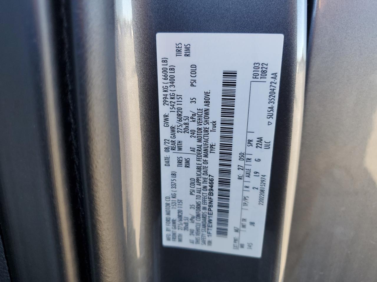2022 FORD F150 SUPERCREW VIN:1FTEW1EP8NFB94667